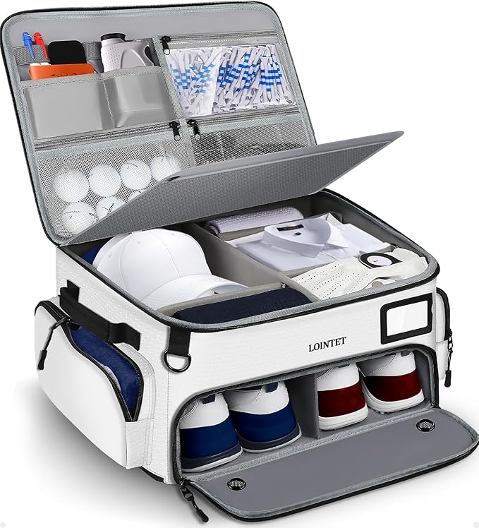 Golf Trunk Organizer, Waterproof Car Golf Locker with Separate Ventilated Compartment for 2 Pair Shoes, Golf Storage for Balls, Tees, Cap, Clothes, Gloves, Accessories, Gifts for Men, Women