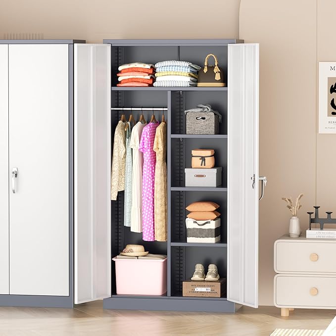 Greenvelly Metal Wardrobe Cabinet with Lock Door, 72" Metal Wardrobe Closet Cabinet with Hanging Rods and Adjustable Shelves, Steel Storage Locker Closet for Home, Office, Employee, Gym (White Grey)