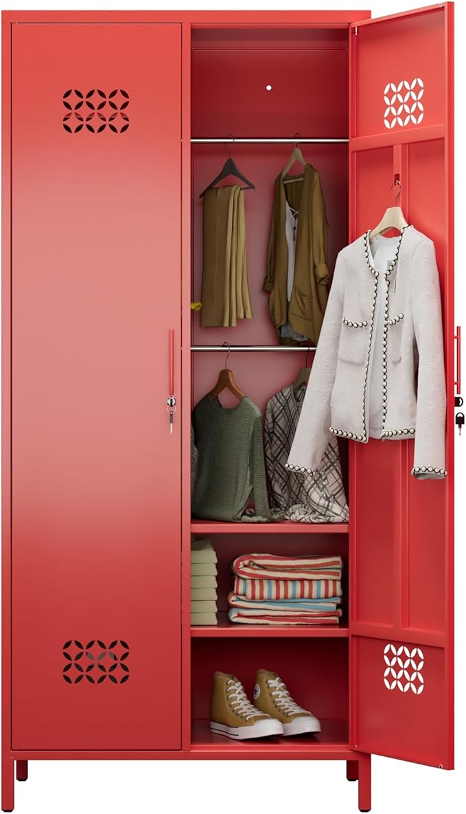METAN 2 Door Metal Storage Lockers for Employees, Lockable Steel Storage Lockers with Hanger and Adjustable Shelves,Assembly Required,Red