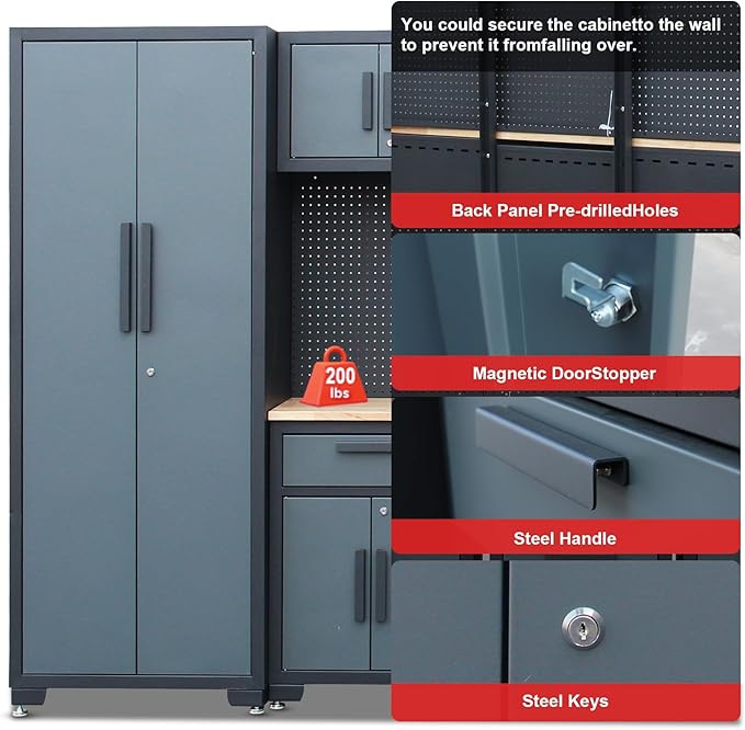 Garage Storage Cabinet System 9-Pcs Workshop Set Garage Cabinets and Storage System with Steel Drawers, Rolling Chest, Workbench, Pegboard for Tool Organization