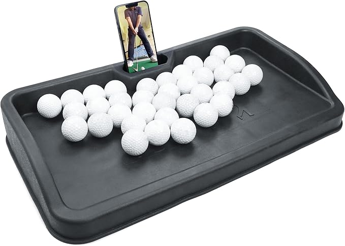 Heavy Duty Golf Ball Tray - with Cell Phone Holder Record Golf Swing - 100 Ball Capacity - High Impact Rubber Golf Tray Compatible with All Hitting Mats