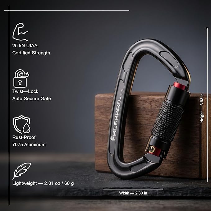 FresKaro UIAA Certified 25KN Auto Locking Climbing Carabiner Clips, Twist Lock, and Heavy Duty Carabiners for Rock Climbing, Rappelling, and Mountaineering, D Shaped