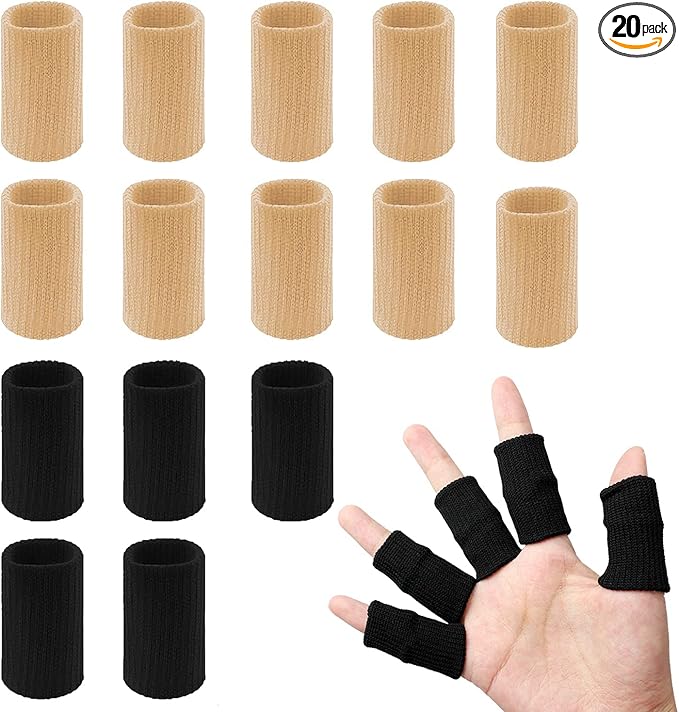 20 Pcs Finger Splints, Finger Sleeves Protectors Finger Brace Sport Finger Compression Sleeve Support Elastic Thumb Sleeves for Relieving Pain Arthritis Trigger Finger(Black+Skin Tone)
