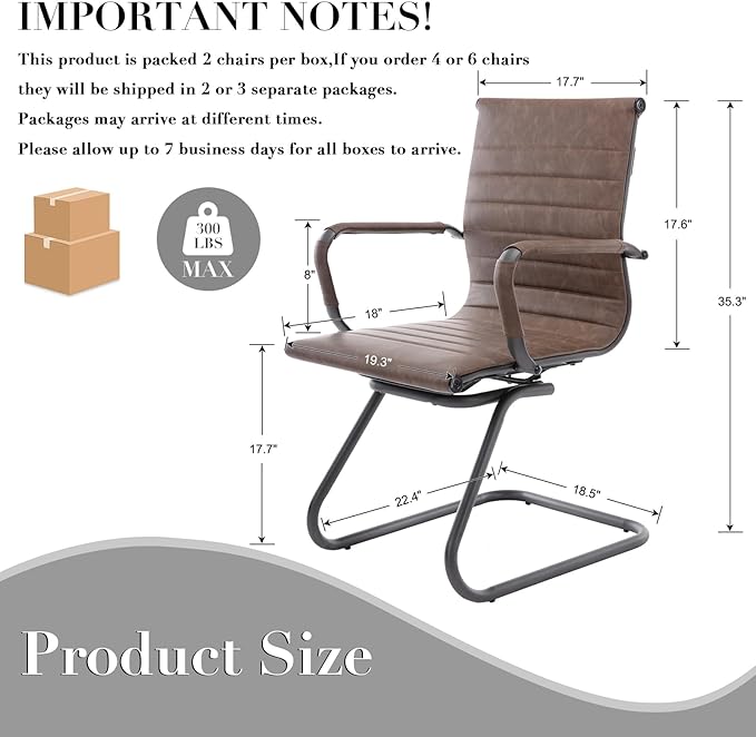 CIMOTA Waiting Room Chairs Set of 4 Leather Office Guest Chair Mid Back Reception Chairs with Sled Base for Meeting/Patient/Conference Room, Retro Brown, 4PCS