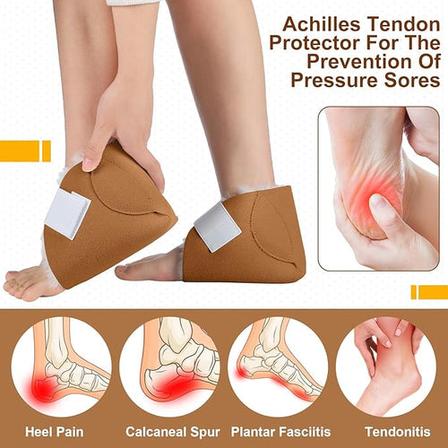 2 Pcs Heel Protectors for Pressure Sores Sheepskin Heel Pads Soft Foot Cushions Pad Protectors Adjustable Foot Pillows with Securing Strap for Bed Sore Ankle Ulcers (Brown)