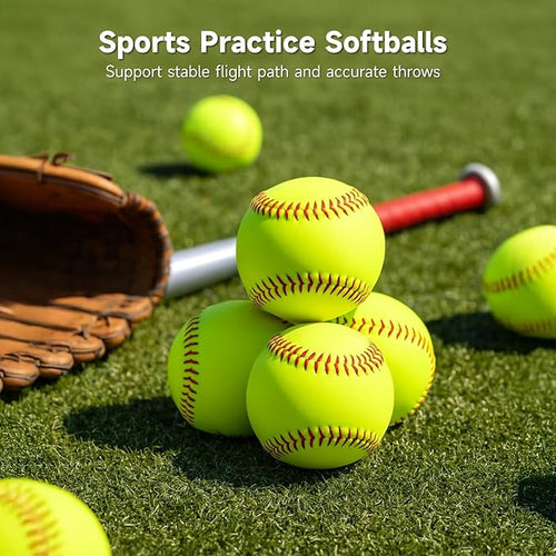 12 Pack Softballs 12 Inch, Softball Practice Balls, Soft Cork Core, Fluorescent Yellow PVC Official Size & Weight Slowpitch Softballs for Training, Games, Practice