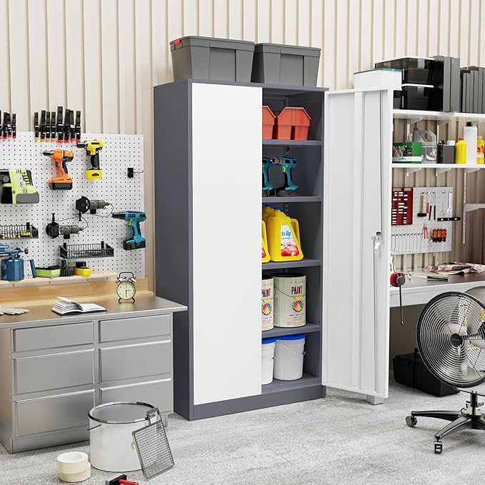INTERGREAT Metal Storage Cabinet Doors, 72" Locking Steel Storage Cabinet with Shelves, Tall Lockable Steel Cabinets for Home Office, Garage(New Grey)