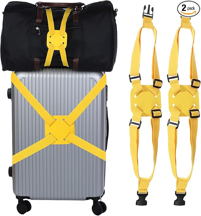 Adjustable Luggage Straps, Suitcase Elastic Strap Bag Bungee with Buckles Travel Accessories - Fitting for(Travel/Add A Bag/Securing Luggage), 27-66 Inch & 2Pcs & Yellow