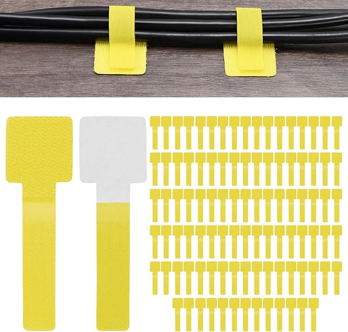 100-Pack Hook and Loop Cable Ties, 3.5 x 1.1 Inch Adjustable Self-Adhesive Cord Organizer for Desk/Home/Wall/Office Essentials, Cable Management Under Desk [Yellow]