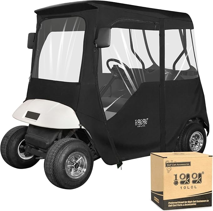10L0L 2/4 Passenger Golf Cart Driving Enclosure for EZGO TXT/RXV Model, 4-Sided Clear Window 600D Rain Cover All Weather Windproof Waterproof - Black/Beige