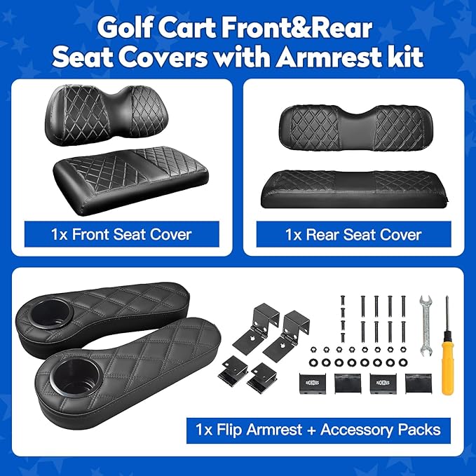 NOKINS Golf Cart Seat Covers for Club Car Precedent, Vinyl Front&Rear Seat Cover with Flip-Up Armrests kit, with Cup Holder, for 1" Square Tube (Black&Black Stitching)