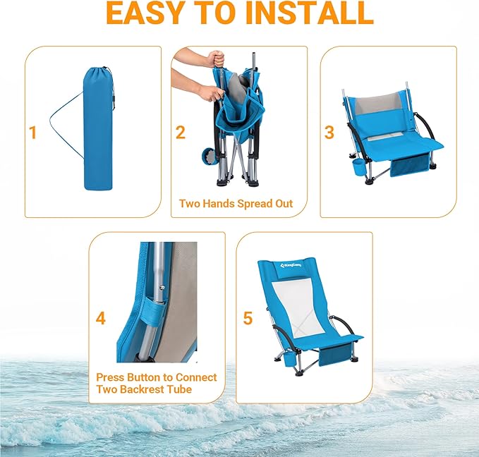 KingCamp Low Beach Chairs, Folding Portable Chair for Adults Lightweight Extra Wide Seat 300lbs Heavy Duty Oversized Backpack, Carry Bag for Camping