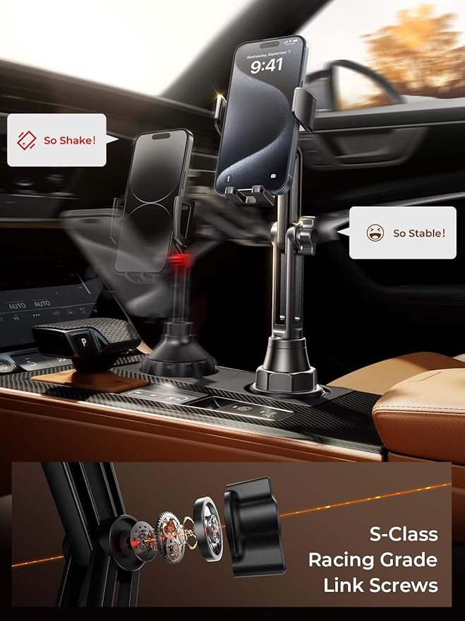 LISEN Cup Phone Holder for Car [Upgraded Version] Long Neck 360° Adjustable [Thick Cases Friendly] for iPhone 16e 16 15 14 13 Pro Max Samsung S25 All 4-7'' Phone, Gold