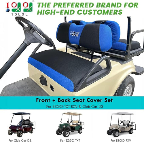 10L0L Golf Cart Front + Rear Seat Cover Set for EZGO TXT RXV 4 Passenger Models Bench Seat Covers Kit Breathable Washable Polyester Mesh Cloth (S+XS) (Black/Blue)