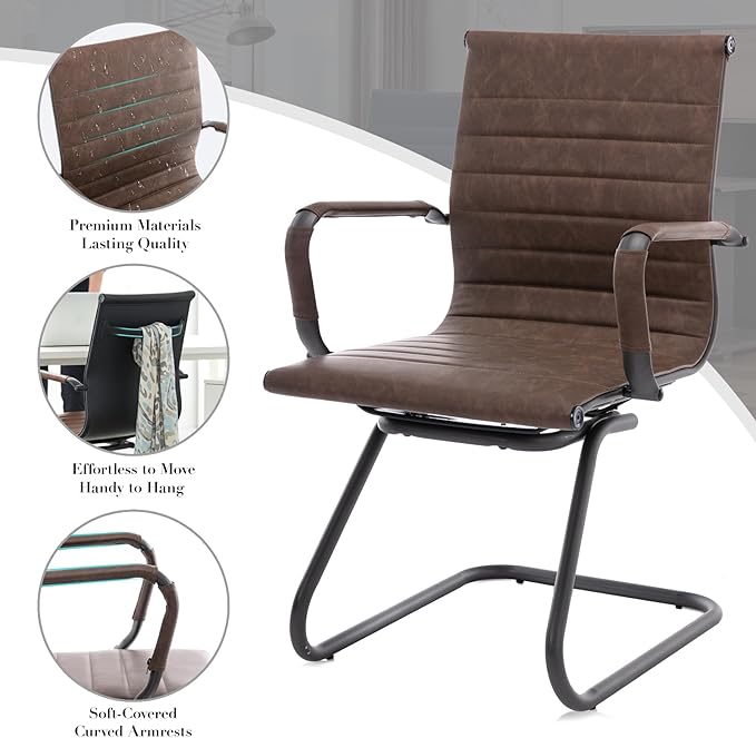 CIMOTA Waiting Room Chairs Set of 8 Leather Office Guest Chair Mid Back Reception Chairs with Sled Base for Meeting/Patient/Conference Room, Retro Brown, 8PCS