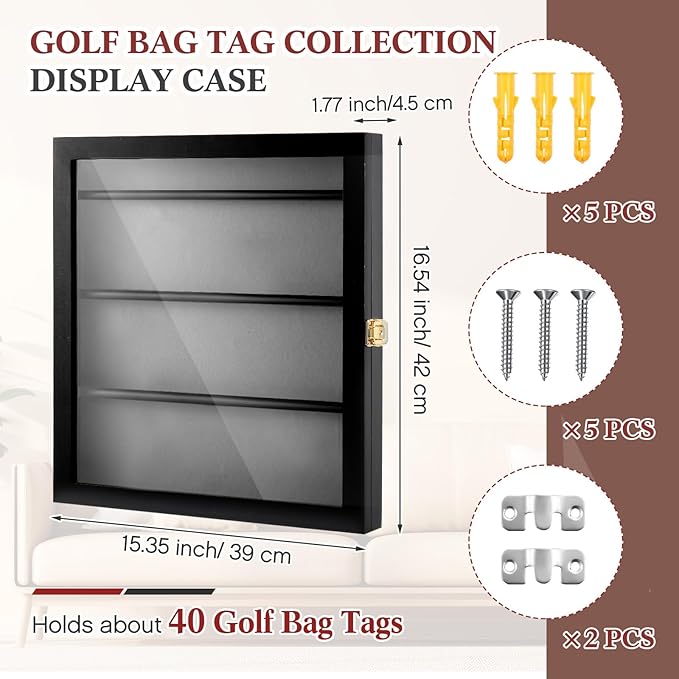 Golf Bag Tag Collection Display Case Holds 40 Bag Tags 16.54 x 15.35 x 1.77 Inch Wall Mount Wooden Shadow Box W/98% UV Acrylic Door Lockable Storage Display Box for Collection(Black, Grey)