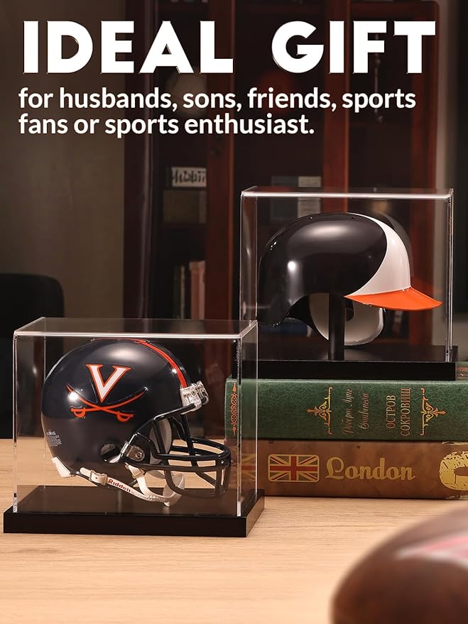 JupDec Mini Helmet Display Case, Acrylic Clear 1/2 Football Baseball Helmet Showcase, UV Protection Souvenirs and Collectibles Box with Solid Wood Base & Riser, Ideal Gift for Sports Enthusiast, Black