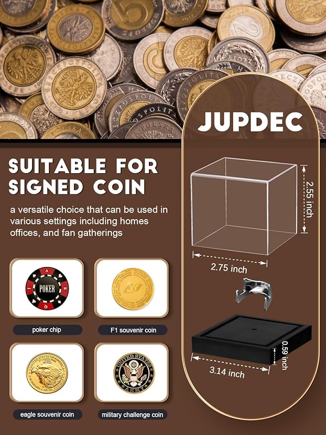 JupDec Coin Display Case, Clear Acrylic Showcase with Wood Base & Alloy Holder for Single Challenge Coin, UV Protection Souvenirs and Collectibles Box, Ideal Gift for Coin Fans, Black