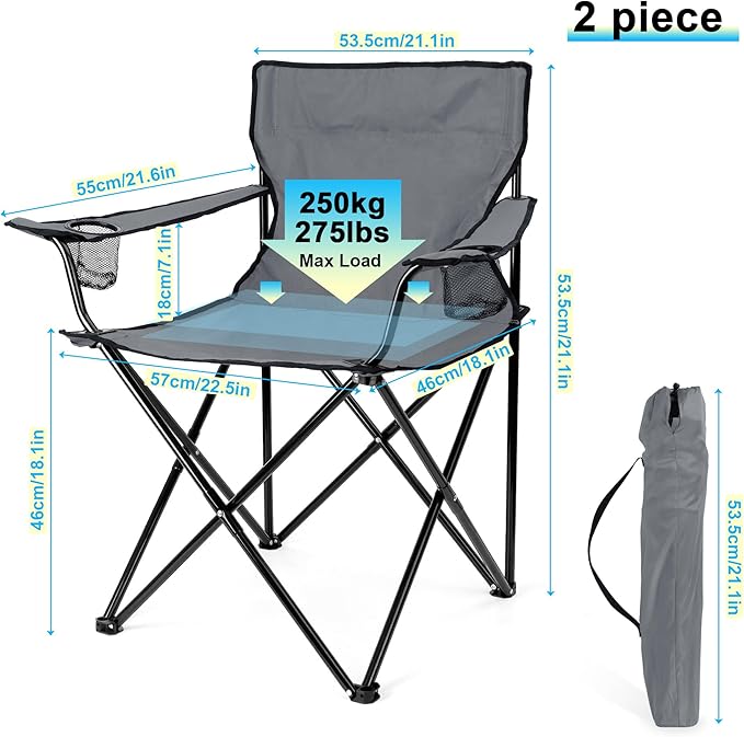 HaSteeL Camping Chair for Adults, Folding Beach Chair Set of 2, Large Foldable Portable Chair for Outdoors Fishing, Hiking, Sporting, Travel, Picnic, Lawn, Hold 275lbs & A Storage Bags (Grey)