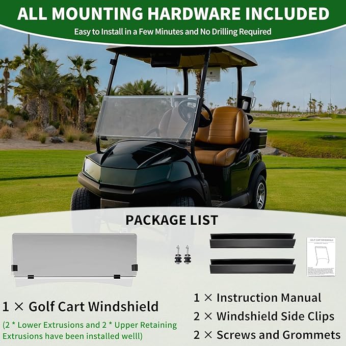 Golf Cart Foldable Windshield 3/16" (5MM) Thicken Only Fits Club Car Precedent 2004+, Tempo 2017+, Onward 2017+, 1"×1" Struts Rail Front Folding Acrylic Windshield Replacement - Clear