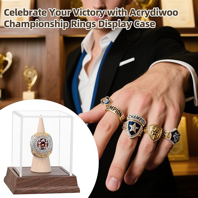 Championship Ring Display Case Baseball Softball Football Ring Holder Wanult Wood Base Acrylic Sports Ring Display Case Stand for Men Wooden Ring Box for Women Memorabilia Showcase Cube Collectibles