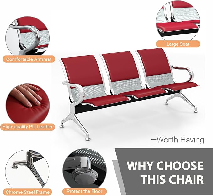 Kinfant Red 6-Seat Waiting Room Chairs with Arms – Heavy-Duty Steel Frame PU Leather Back & Cushioned Seat, Ergonomic Office Reception Guest Chair for Lobby, Clinic, Airport