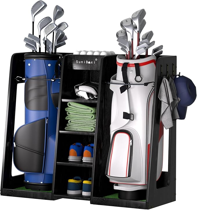 Wooden Golf Storage Organizer for Garage, Premium Golf Bag Holder Rack for Golfing Accessories, Great Gift for Golfers,Husband, Dad