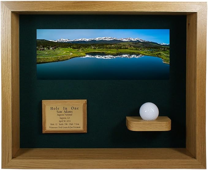Hole in One Shadowbox and Golf Ball Display Case | Personalized Engraved Plate | Holds Golf Ball and Scorecard or Photo | Horizontal Layout | Oak Finish | Wall Mounted