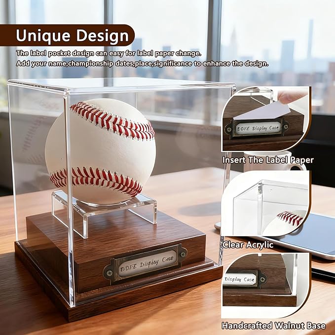 Baseball Case Display for Balls Walnut Wood Base Acrylic Baseball Display Case Baseball Holder Stand Cube Memorabilia Showcase Autograph Ball Protector (2 Pack Baseball)