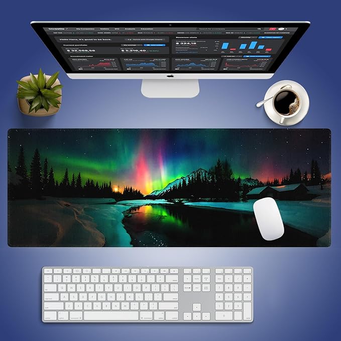 Wknoon. Extra Large Gaming & Office Mouse Pad (31.5" x 11.8") – Aurora Borealis Over Winter Landscape Snow Mountains & Calm Lake & Captivating Night Sky, XXL Desk Mat with Durable Stitched Edges