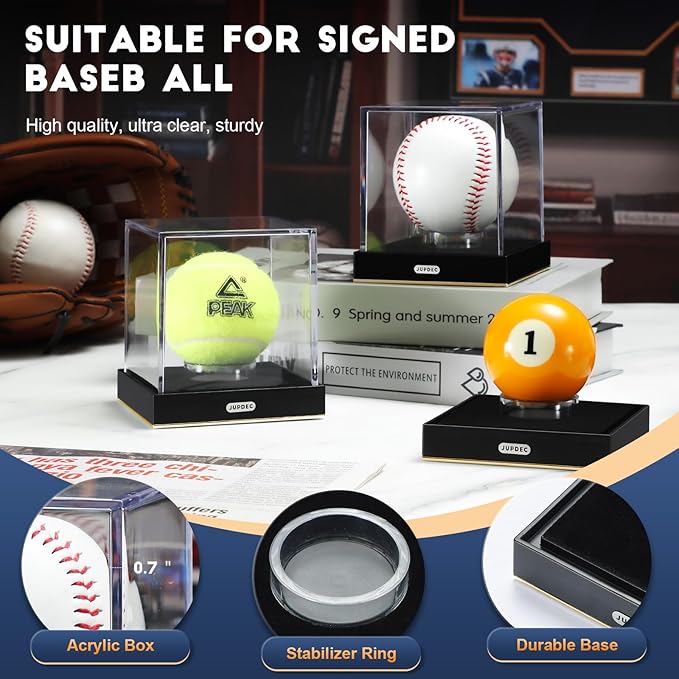 JupDec Baseball Display Case, Clear Acrylic Cube Baseball Holder with Durable Base, UV Protected Autograph Stand Box for Single Ball, Ideal Gift for Collector & Sports Enthusiast, Gold, 1 Pack