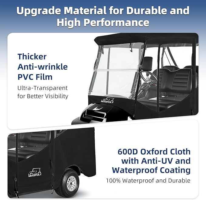 Golf Cart Enclosure Rain Cover 2&4Passenger, EZGO TXT RXV/Club Car Ds&Precedent and Yamaha, 600D Rain Cover Waterproof Windproof Snowproof and All-Weather Protection