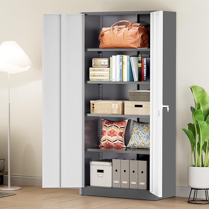 Greenvelly Metal Garage Storage Cabinet, 72” Steel Locking Storage Cabinet with 2 Doors and 4 Adjustable Shelves, Metal Tool Cabinets, Lockable File Cabinets for Home Office, Garage (Gray White)