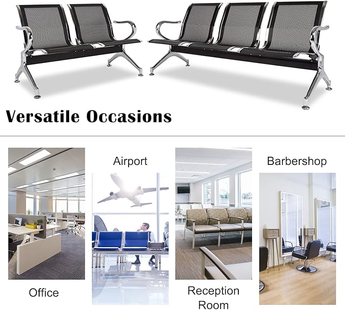 kinbor Waiting Room Chairs - Durable Black Reception Bench with Armrests, 5-Seat Office Reception Guest Chairs for Office, Hospital, Airport, Bank & Lobby