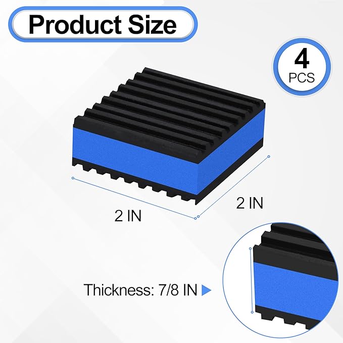 4 Pack Anti Vibration Pads for Washing Machine 2"x2"x7/8", Sound Isolation Vibrating Pad Ribbed Rubber Damping Mat EVA Center for Air Compressors, Conditioner, Treadmill, HVAC Washer Dryer