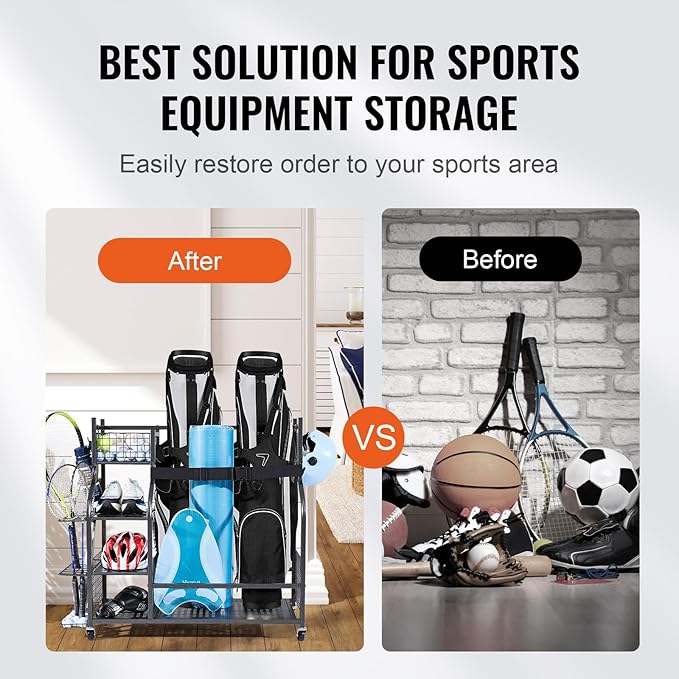 VEVOR Golf Bag Organizer, Golf Bag Storage Rack Stand Holder, Sports Equipment Storage Rack, Golf Storage Organizer for Garage, Sports Gear, Toys Storage Rack Hooks