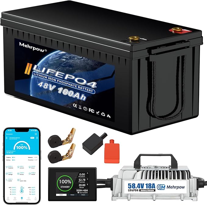 48V Lithium Battery Golf Cart Batteries Kit with Smart 200A BMS 58.4V 18A Charger Touch Monitor & Mobile APP 10000 Cycles 48V 100Ah LiFePO4 Battery Peak Current 1000A(3-5s) for Club Car, EZGO, Yamaha
