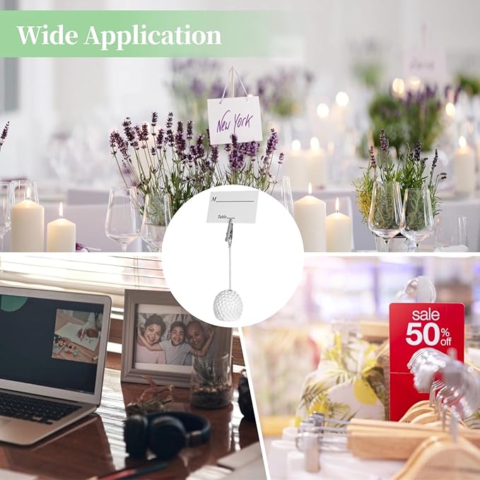 12 Pcs Ball Base Memo Clips, Resin Golf Ball Shaped Card Holders with Alligator Clips, Table Number Card Stands, Picture Photo Display Holders, Note Paper Clips for Wedding, Office