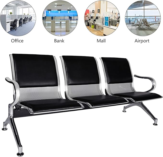 Kinfant Waiting Room Reception Chairs - Waiting Room Bench with Arms Airport Reception Bench Guest Reception Chairs Lobby Bench Waiting Area for Airport Market Bank Hospital School Barbersho, Black