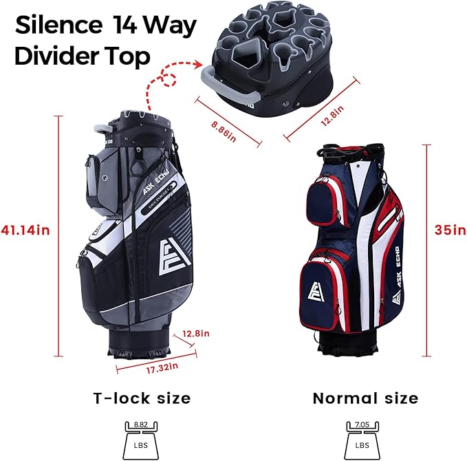 ASK ECHO T-Lock Golf Cart Bag with 14 Way Organizer Divider Top, Premium Cart Bag with Handles and Rain Cover for Men