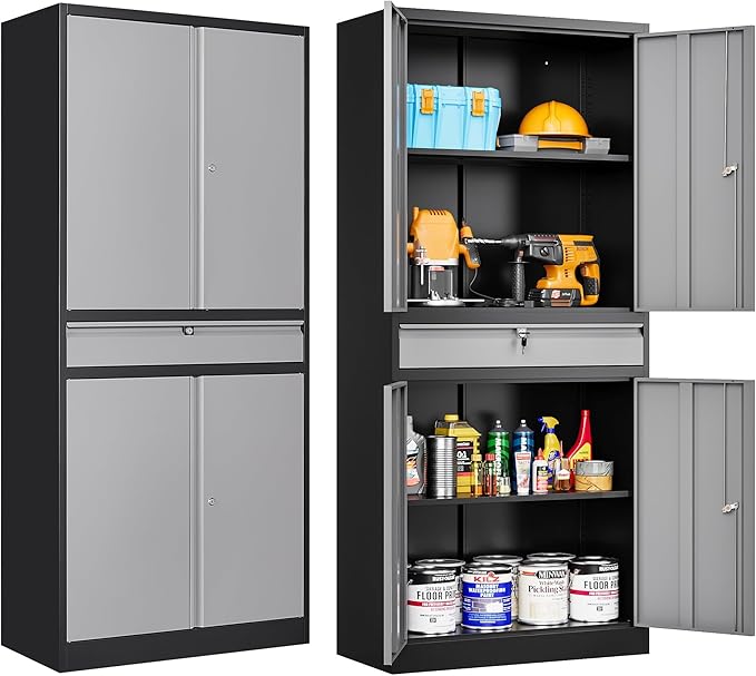 Metal Storage Cabinet with Doors and Shelves,Garage Storage Cabinets with Lock and Drawer,Metal Cabinet with Locking Doors,4 Door Steel Cabinet,71" Tall Lockable Cabinets for Garage,Home,Office