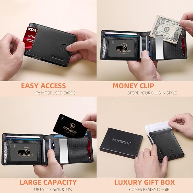 RUNBOX Money Clip Wallets for Men,Slim Leather Mens Bifold Wallet,RFID Blocking Front Pocket Wallet,Thin Credit Card Holder with Gift Box