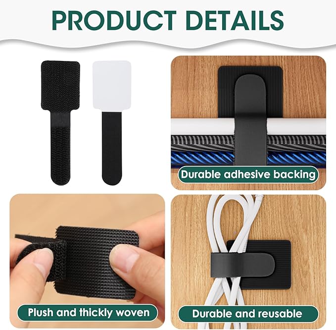 Hook and Loop Cable Ties, 50PCS Black Cord Organizer, Under Desk Cord Management for Home & Office, 1.18×3.54×0.59in