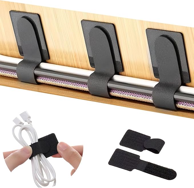 60 Pcs Adjustable Hook and Loop Cable Ties,Self-Adhesive Wire Holder,Under Desk Cord Hider for Office Accessories,Cord Organizer for Home/Office(Black)