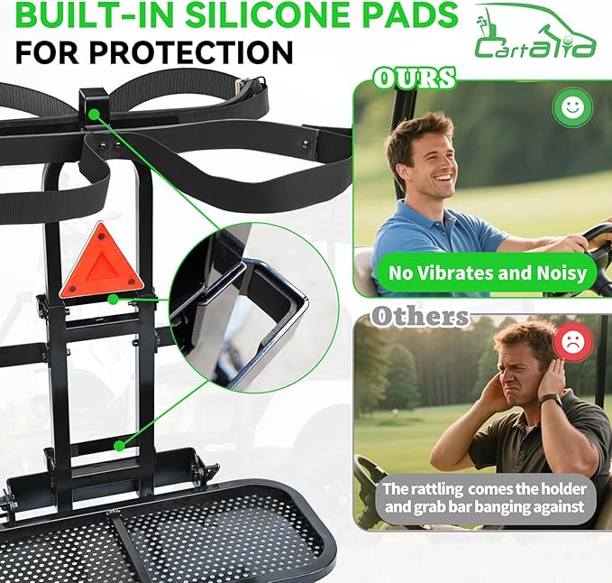 Golf Cart Bag Holder Bracket Upgraded Metal Attachment for 2+2 Rear Seat with 1 Inch Square Rail Golf Cart, No Drilling Required Golf Bag Rack for EZGO Club Car Yamaha Included All Hardware