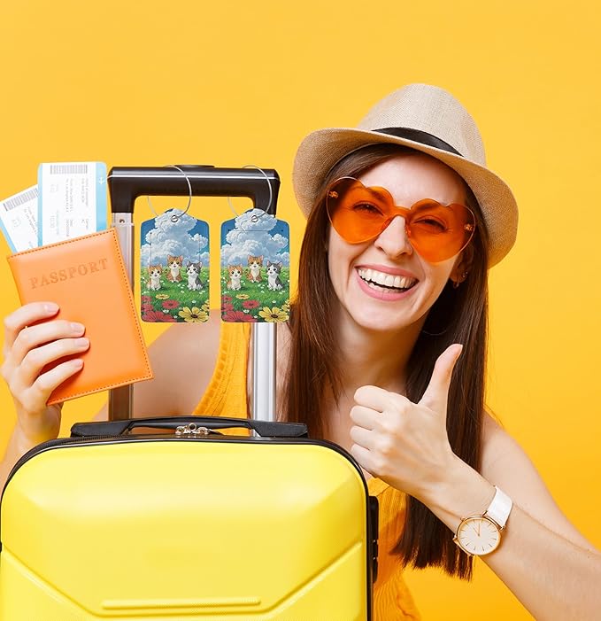 TSA Approved Luggage Tags for Suitcases Cat and Flower 2 Pack Funny Leather Carnival Cruise Airport Cute Travel Name Tags Golf Bag tag Ships Essentials Privacy Cover ID Label for Women Men