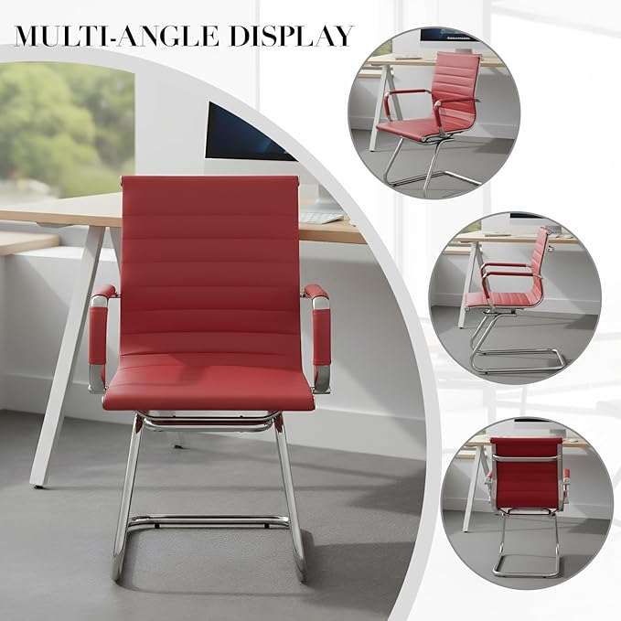 CIMOTA Waiting Room Chairs Leather Office Guest Chair Mid Back Reception Chairs with Sled Base for Meeting/Patient/Conference Room, Red Set of 6