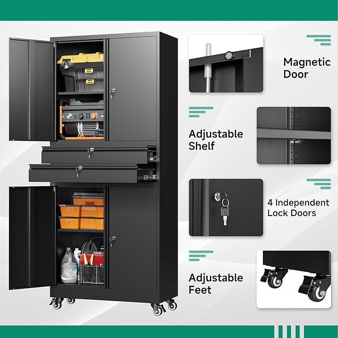 Letaya Metal Garage Storage Cabinet with Wheels,Rolling Tool Cabinet with 4 Door Lock-Adjustable Shelves and 2 Drawer for Garage Home Office Utility Room (Black with Wheels)