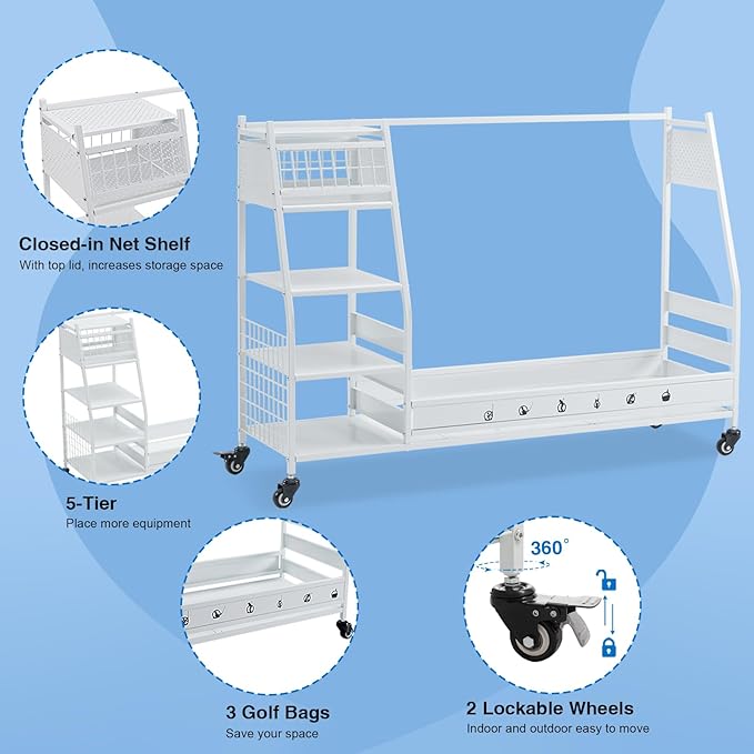 Lauren&Harold Golf Bag Organizer Garage Storage, Golf Storage Rack Stand Fits 2 Golf Bags, Golf Clubs and Other Golfing Equipment Accessories, Golf Organizer for Garage, Club, Shed, Basement