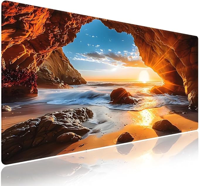 Wknoon. Extra Large Gaming & Office Mouse Pad (31.5" x 11.8") with Durable Stitched Edges – Beach Scene Sunrise Through a Cave Landscape, Anti-Slip Base & Smooth Cloth Surface Extended XXL Desk Mat